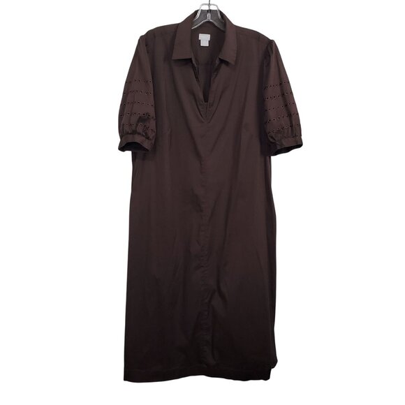 Chicos 3 Size 16 Dress Collared Eyelet Puff Sleeve Midi Stretch Pockets V notch - Picture 2 of 10